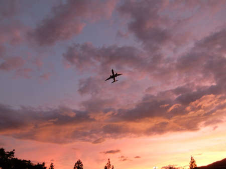 Airplane flying in the sunset skyの写真素材