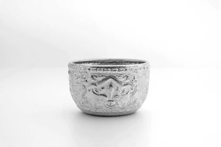 Silver bowl handicrafts of Thailand on white backgroundの写真素材