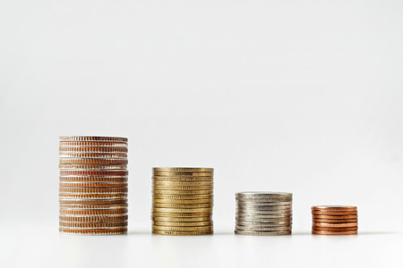 Steps or charts of Thai coins on white background. Close up. Front view.の写真素材