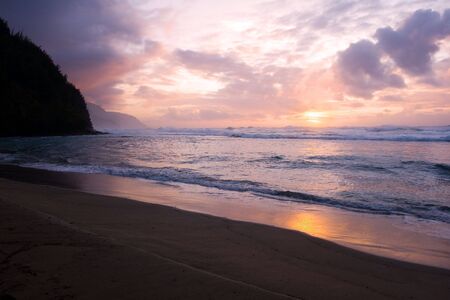 Colorful sunset at Ke'e Beach on the north shore of Kauaiの写真素材