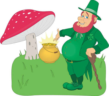 Saint Patrick's Day a holiday event in Ireland. Illustration of a green elf with a pot of goldのイラスト素材
