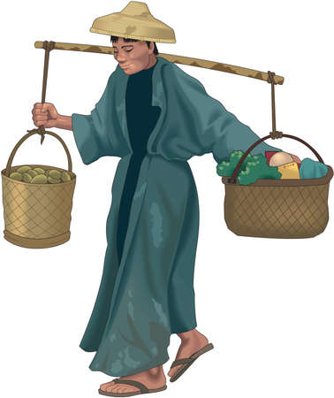 Man Carrying Baskets Illustrationのイラスト素材