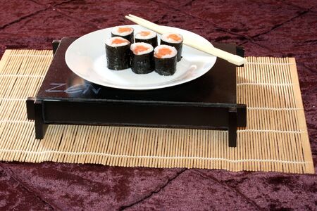 Plate of sushi on bamboo.の写真素材