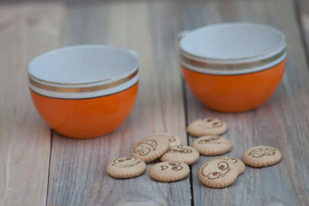 Cool cookies with smiles and tea. a little blurの写真素材
