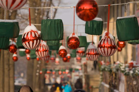 The decoration of the streets and storefronts of new year and Christmas toys balls, lanternsの写真素材