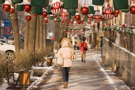 The decoration of the streets and storefronts of new year and Christmas toys balls, lanternsの写真素材
