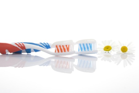 Tooth brush with paste and chamomileの写真素材