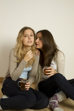 Two attractive friends drinking teaの写真素材