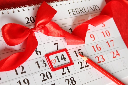 Calendar, by February 14  Painted red heart  Backgroundの写真素材