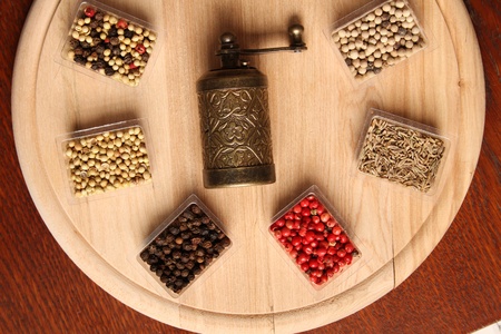 Close-up of six species of spices and Millの写真素材