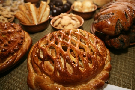 Close up of many traditional cakes with fillings