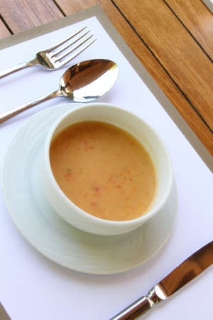 Two plates of hot soup on a summer terraceの写真素材