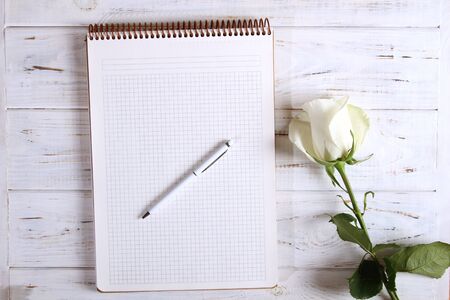 A large notebook with a white pen and a beautiful white rose.の写真素材