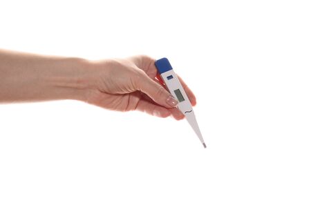 Female hand holds a thermometer. The virus, the common cold. Isolated on a white background.