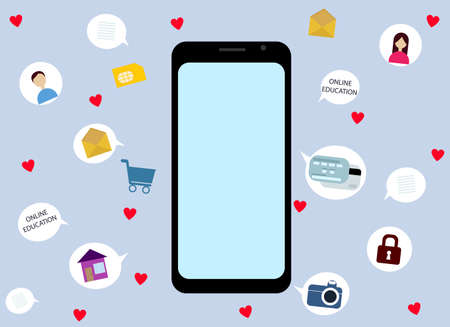 Vector drawing of a mobile phone with a lot of icons with different applications. Chats,...