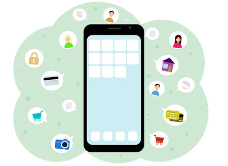 Vector drawing of a mobile phone with a lot of icons with different applications. Chats, acquaintances, sms, contacts, purchases, card payments.のイラスト素材
