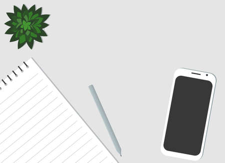 Top view of the table. On the table is a paper notebook, a pencil, a green plant and a mobile phone. Vector drawingのイラスト素材
