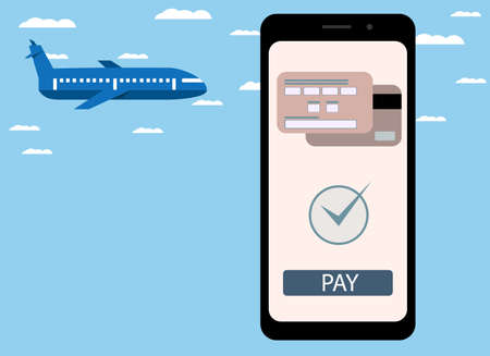 Vector drawing of a hand with a telephone. Online purchase of a plane ticket, payment by card.