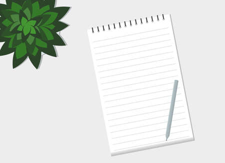 On the table is a notebook with a pencil and a green plant. View from above. Vector drawing