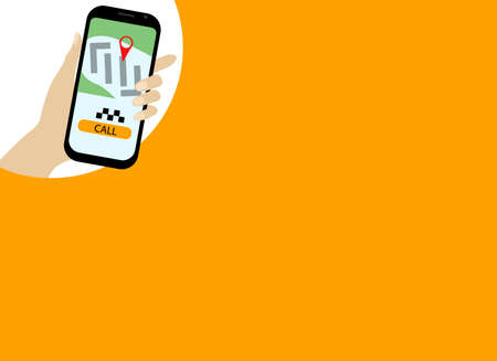Vector drawing of advertising online taxi service or car rental. Hand with mobile phone and taxi...