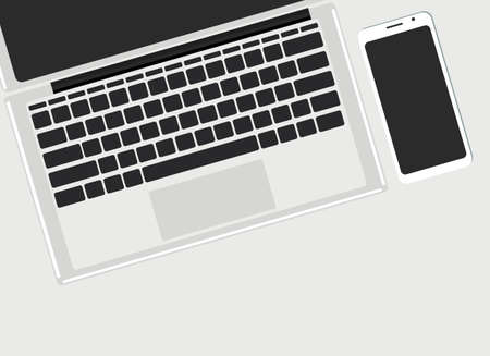 Open laptop with mobile phone. Vector drawing. Table top viewのイラスト素材