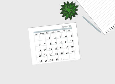 On the desktop is a calendar, notepad, pencil and plant. Planning. Vector drawingのイラスト素材