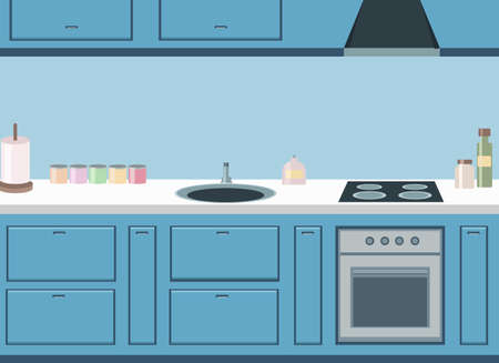 Stylish blue kitchen design with built-in hob, sink and refrigerator. Vector drawingのイラスト素材
