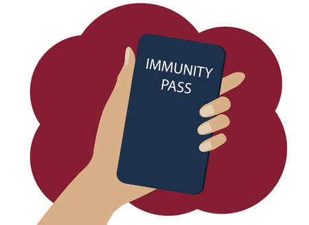 Vector hand drawing. In hand is a burgundy health passport covid 19. Immunity passのイラスト素材