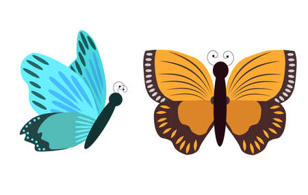 Vector illustration of two butterflies. One green is located sideways, and the second is yellow with spread wingsのイラスト素材