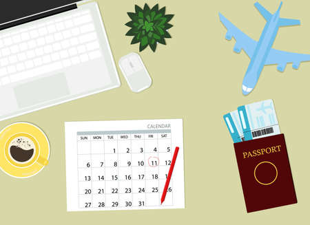 Flight date concept. Work desk with laptop, calendar, passport, tickets and airplane model. Vector illustrationのイラスト素材