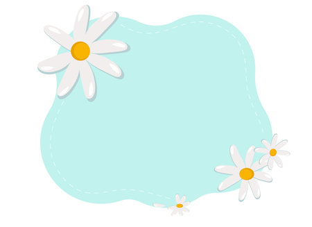 Concept for invitation and greeting card. Vector illustration of a frame with large daisies along the edge on a blue backgroundのイラスト素材
