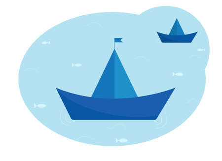 Vector illustration of paper boats. Two blue ships sailing on the sea. Silhouettes of waves and fishのイラスト素材