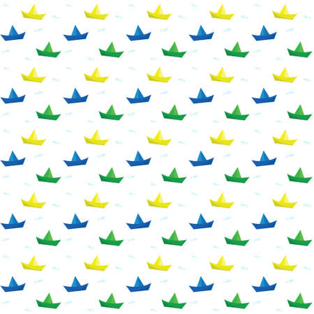 A pattern of colored paper boats and silhouettes of waves and fish. Vector illustrationのイラスト素材