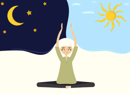 Vector illustration of a meditating woman with long hair. The illustration is divided into day and night.のイラスト素材