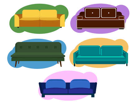 Many different sofas in shape and color. Vector illustration. Isolated objectのイラスト素材