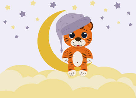 Vector illustration for children. A tiger cub sits on the moon in a nightcap. Nearby clouds and starsのイラスト素材