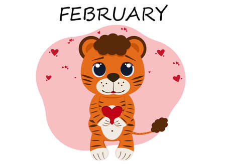 Vector illustration of a tiger cub in the month of February with a red big heart. Postcardのイラスト素材