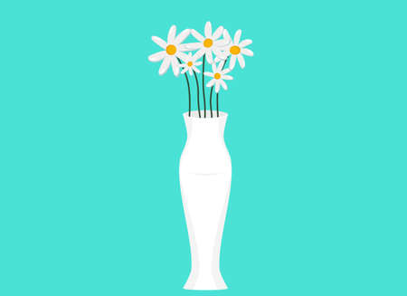Vector illustration of a white vase with white daisies. Summer still lifeのイラスト素材