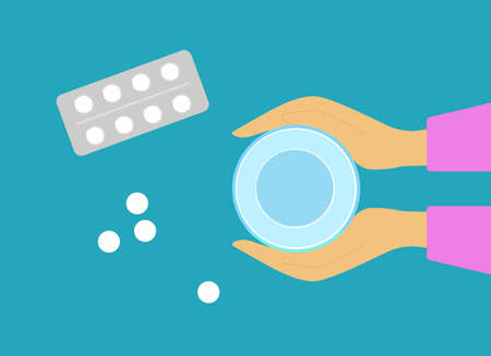 Treatment concept. Hands hold a glass of water next to packing white pills. Vector illustrationのイラスト素材