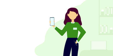 Young woman manager presents a mobile phone. Vector illustrationのイラスト素材
