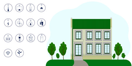Smart home concept. Large house with windows, door, roof and garden. Lots of smart home pictogramsのイラスト素材