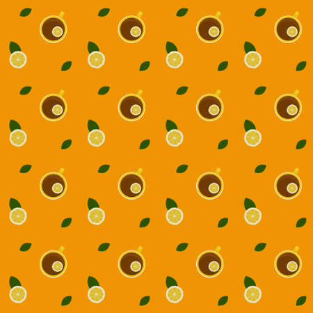 Pattern with the image of a lemon wedge and a cup of tea and lemon