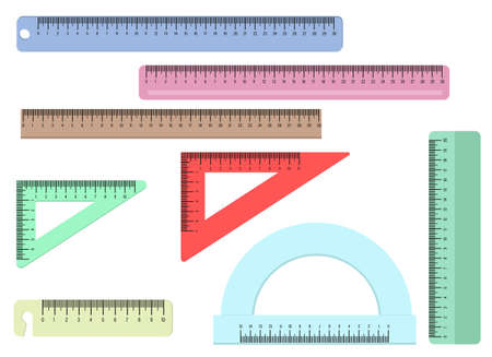 Vector illustration of a set of rulers of different shapes and colors. Isolated on white background.のイラスト素材