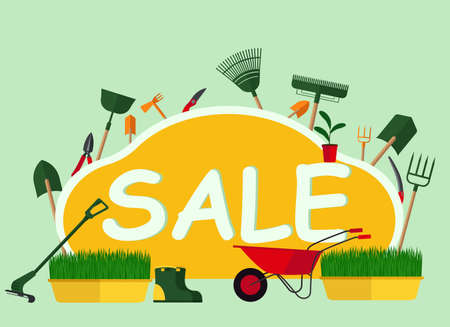 Concept of a leaflet about the sale of gardening tools with the image of shovels, trimmers, rakes and much more. Vector illustrationのイラスト素材