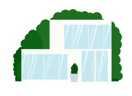 Vector illustration of a modern white house with large windows and glass doorのイラスト素材