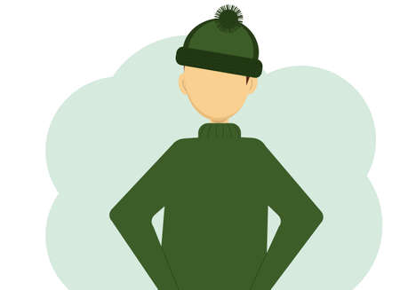 Vector illustration of a man in a dark green knitted sweater and knitted hat