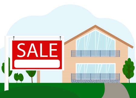 Vector illustration of a sale of a large residential building next to a sign with the text SALEのイラスト素材