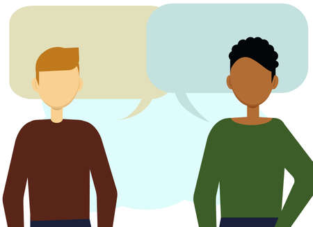 Vector illustration of two multiethnic men communicate. Bubbles for text