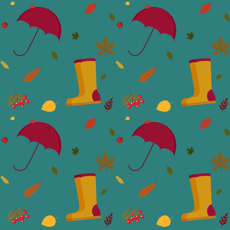 Vector illustration of autumn pattern with rubber boots, umbrella and autumn leavesのイラスト素材
