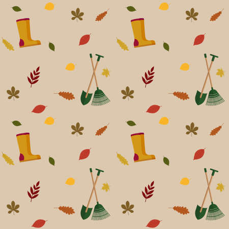 Fall pattern featuring fall foliage, rubber boots and garden tools. Vectorのイラスト素材